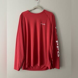 Columbia PFG Men Shirt Tees Longs Sleeve Stretch Red Corral Logo Size M EUC
